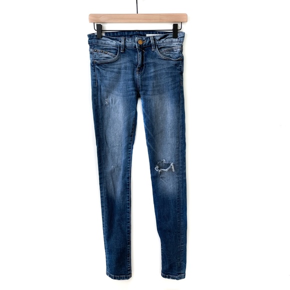 Zara Trafuluc the Rebel Jeans Skinny Fit Dark Wash Midrise Distressed Denim 26
